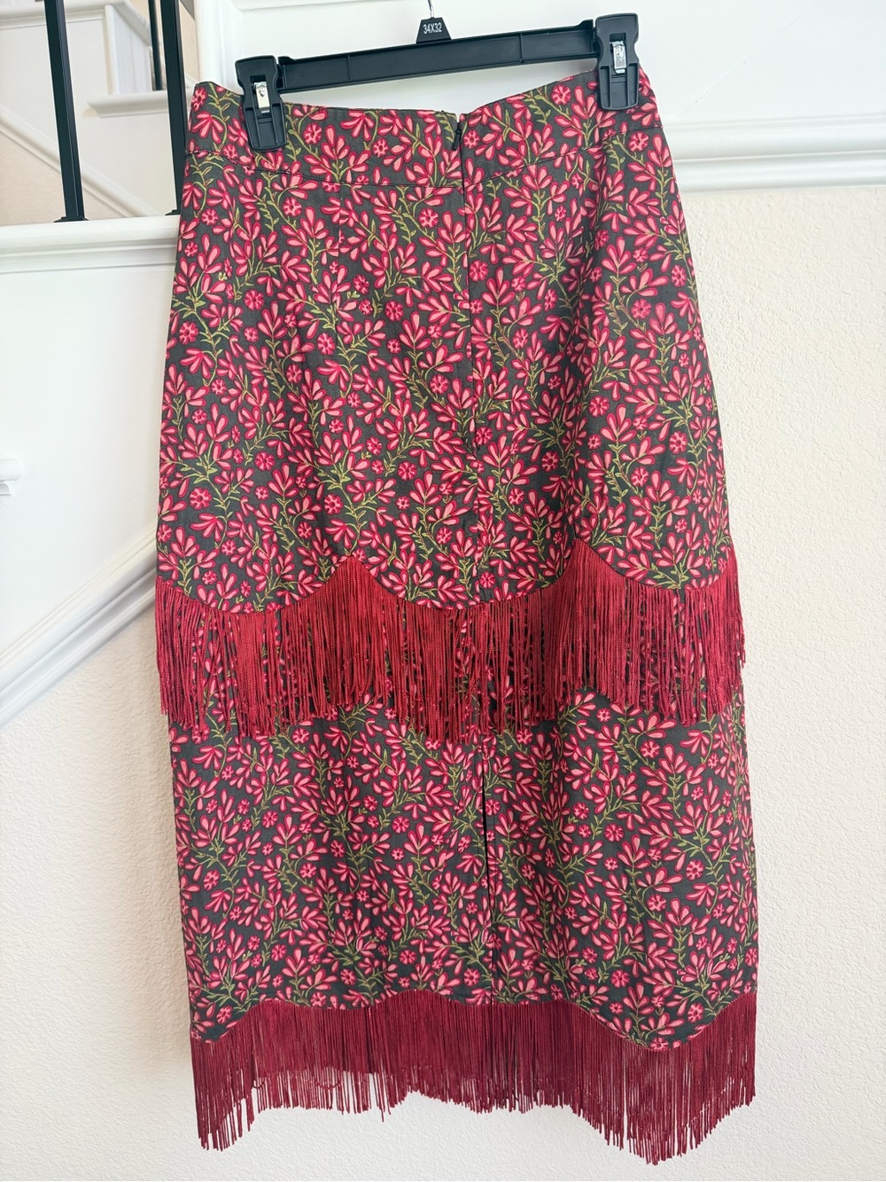 Fringed Floral Midi Skirt in Red and Green - Picture 3 of 3